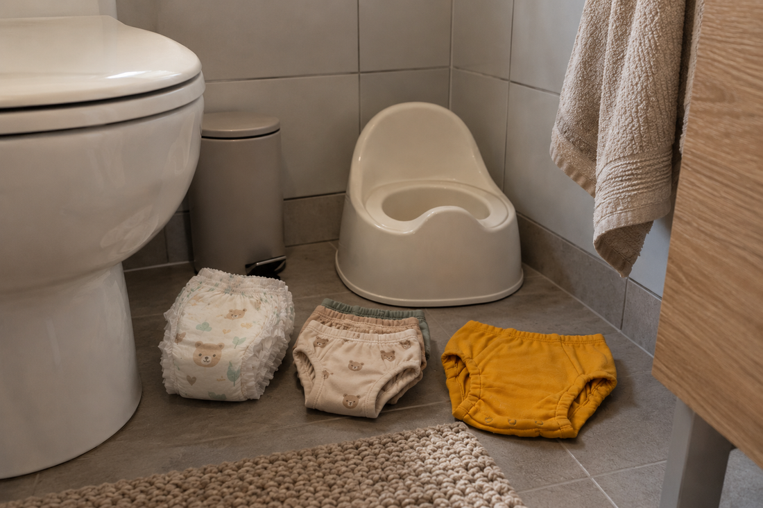 Disposable and reusable training underwear lying on the floor next to a potty 