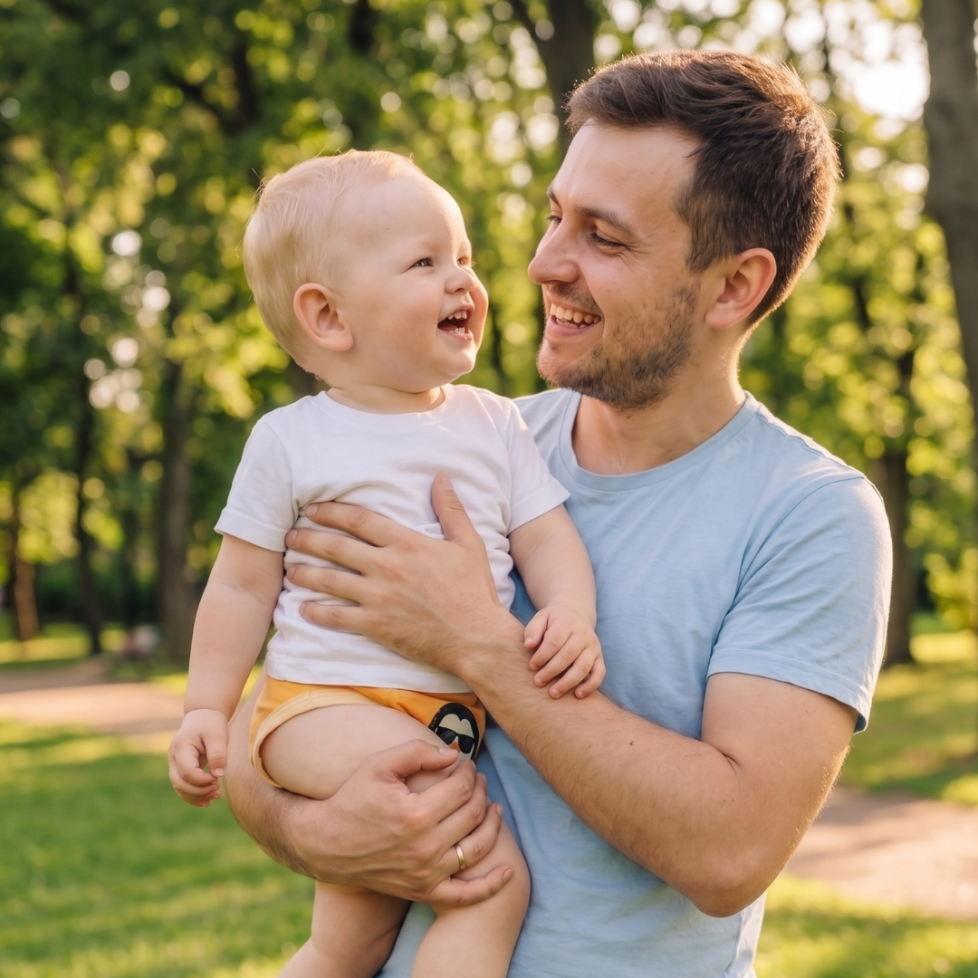 father with a baby wearing potty training underwear