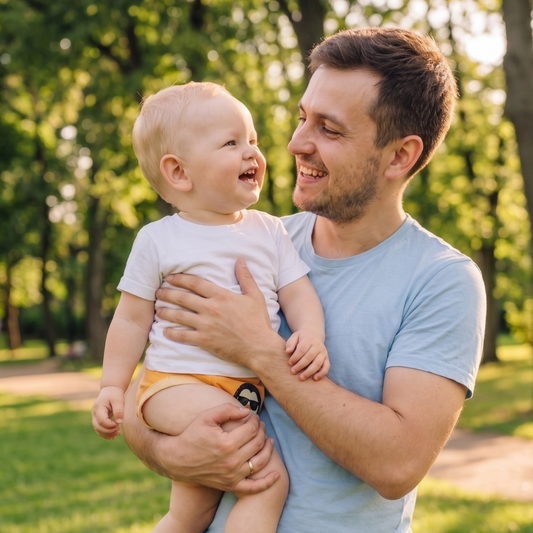 father with a baby wearing potty training underwear
