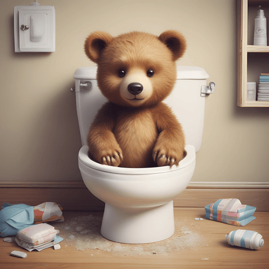Cartoon style bear sitting inside the toilet 