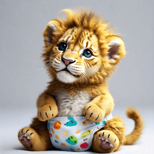 Cartoon style little lion baby wearing diapers 