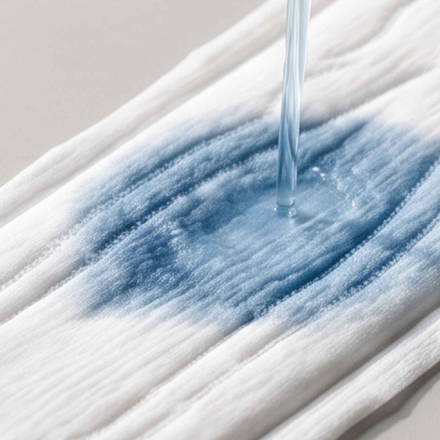 A close-up of a white textured fabric surface with a blue stain or dye patch, and a clear liquid being poured from above.