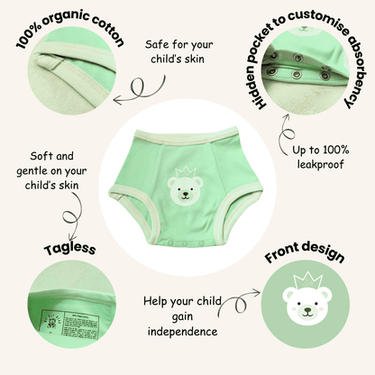 Green baby diaper with features highlighted on a white background