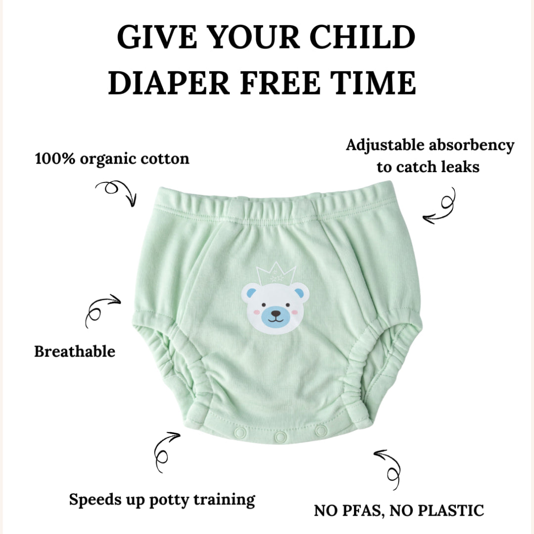 Light green training underwear with a bear design on a white background, featuring text about its benefits.