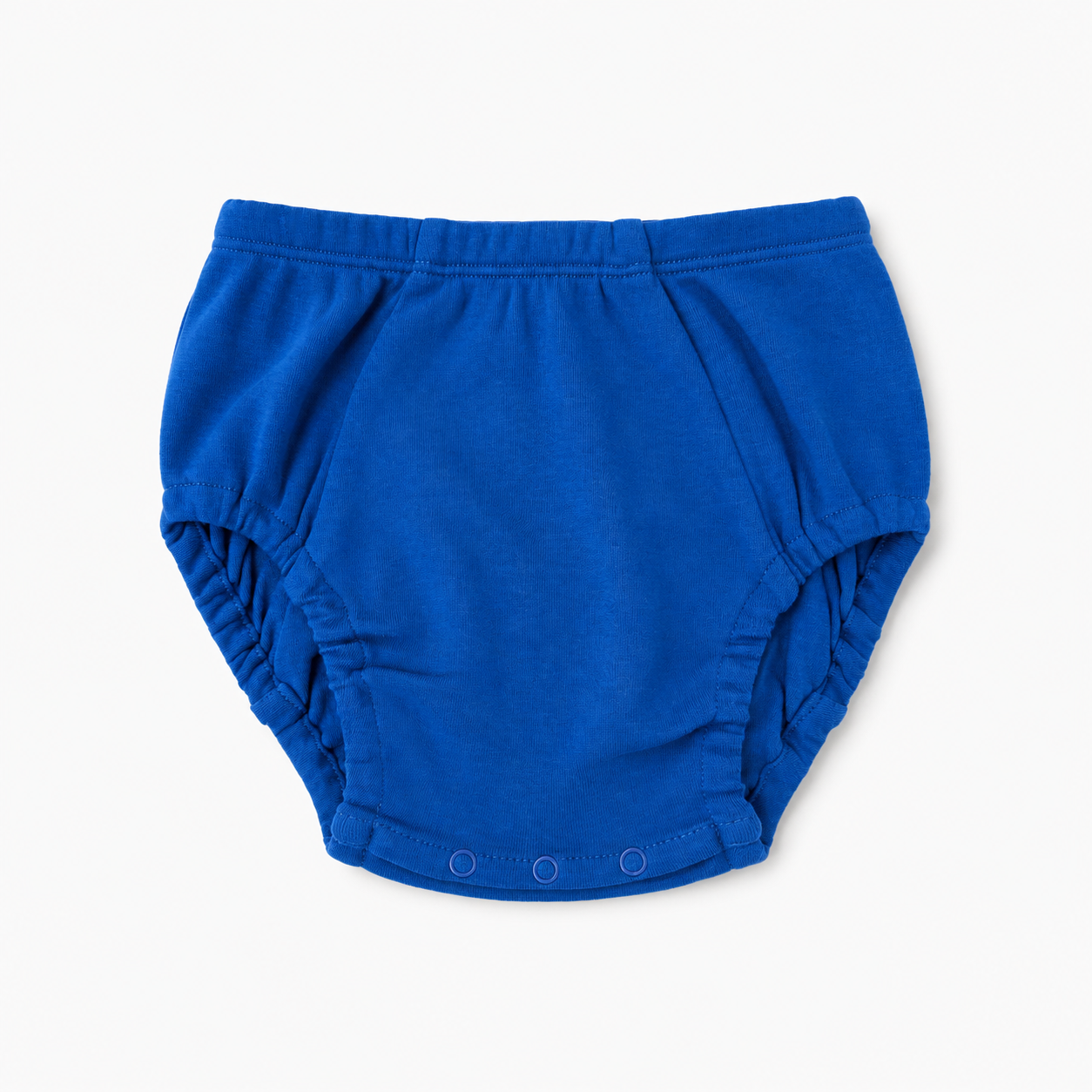 A bright royal blue baby bloomers diaper cover with elastic waistband and leg openings, featuring three snap closures at the bottom, shown on a clean white background.