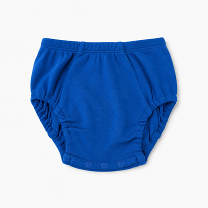 A bright royal blue baby bloomers diaper cover with elastic waistband and leg openings, featuring three snap closures at the bottom, shown on a clean white background.
