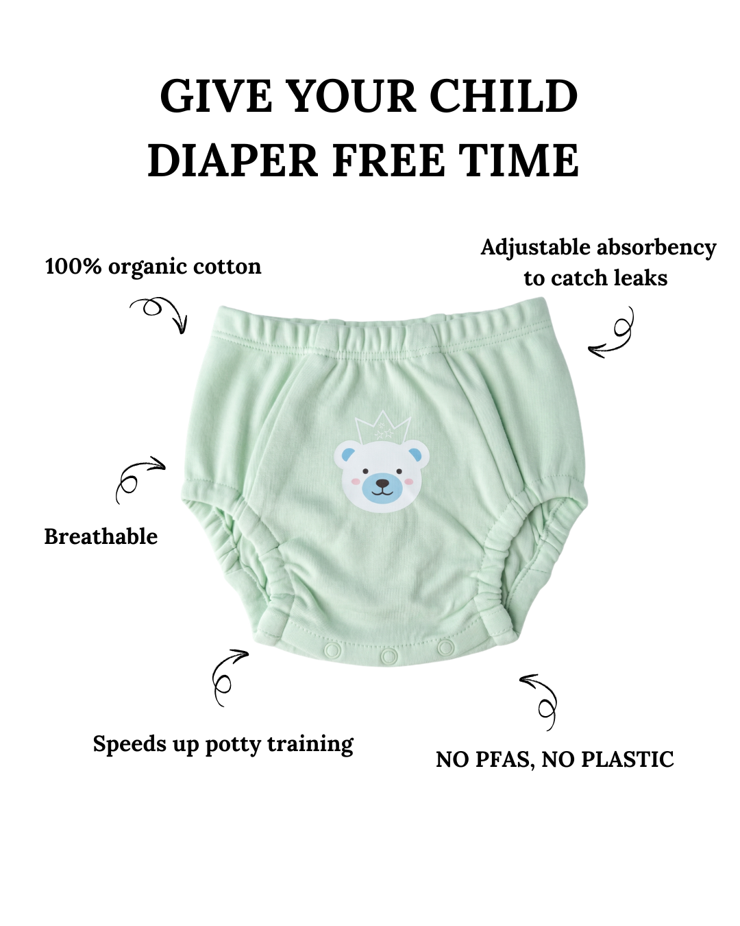 Light green diaper with bear design and text highlighting features on a white background