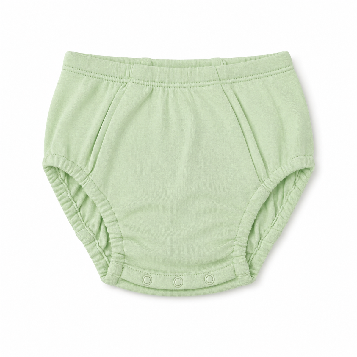 A light green fabric diaper cover or bloomers with elastic waistband and leg openings, featuring three snap buttons along the bottom front, shown on a plain white background.