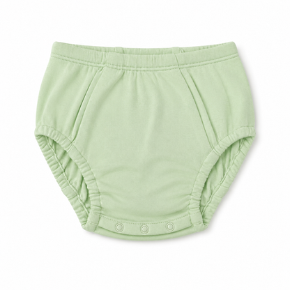 A light green fabric diaper cover or bloomers with elastic waistband and leg openings, featuring three snap buttons along the bottom front, shown on a plain white background.