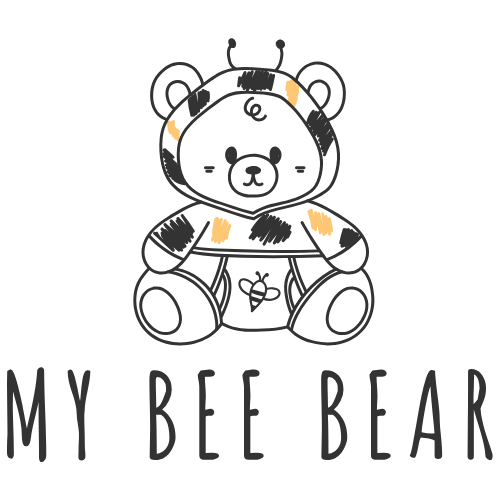Illustration of a bear in a bee costume with 'MY BEE BEAR' text below.