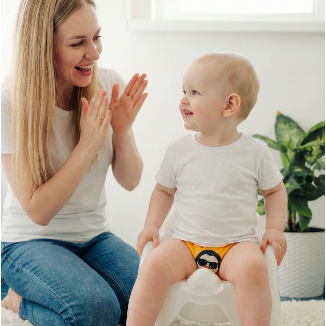 Woman and child on a potty, both wearing white shirts with a plant in the background
