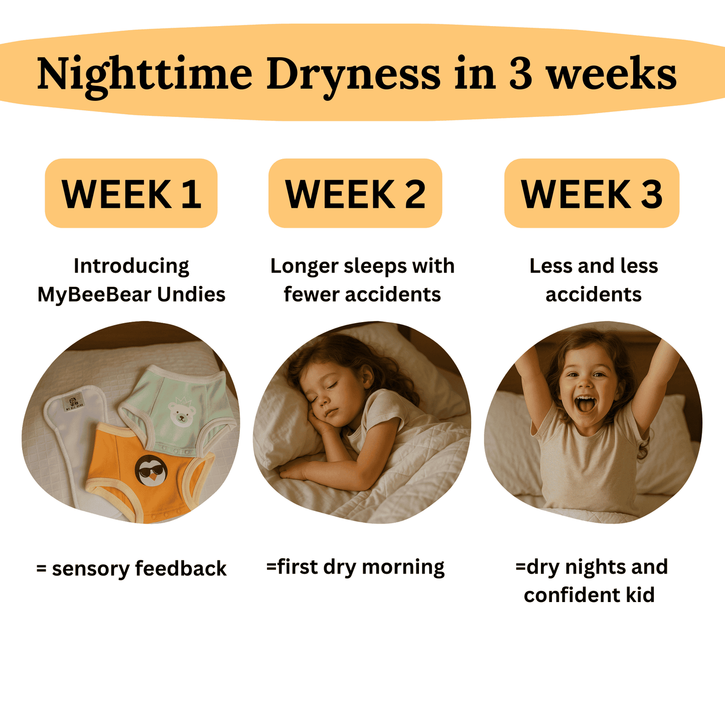 Diagram showing nighttime dryness progress with images and text for MyBeeBear Undies over three weeks.