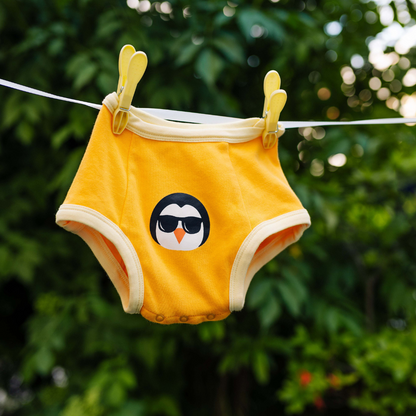 Yellow children's underwear with a penguin design hanging on a clothesline against a green leafy background.