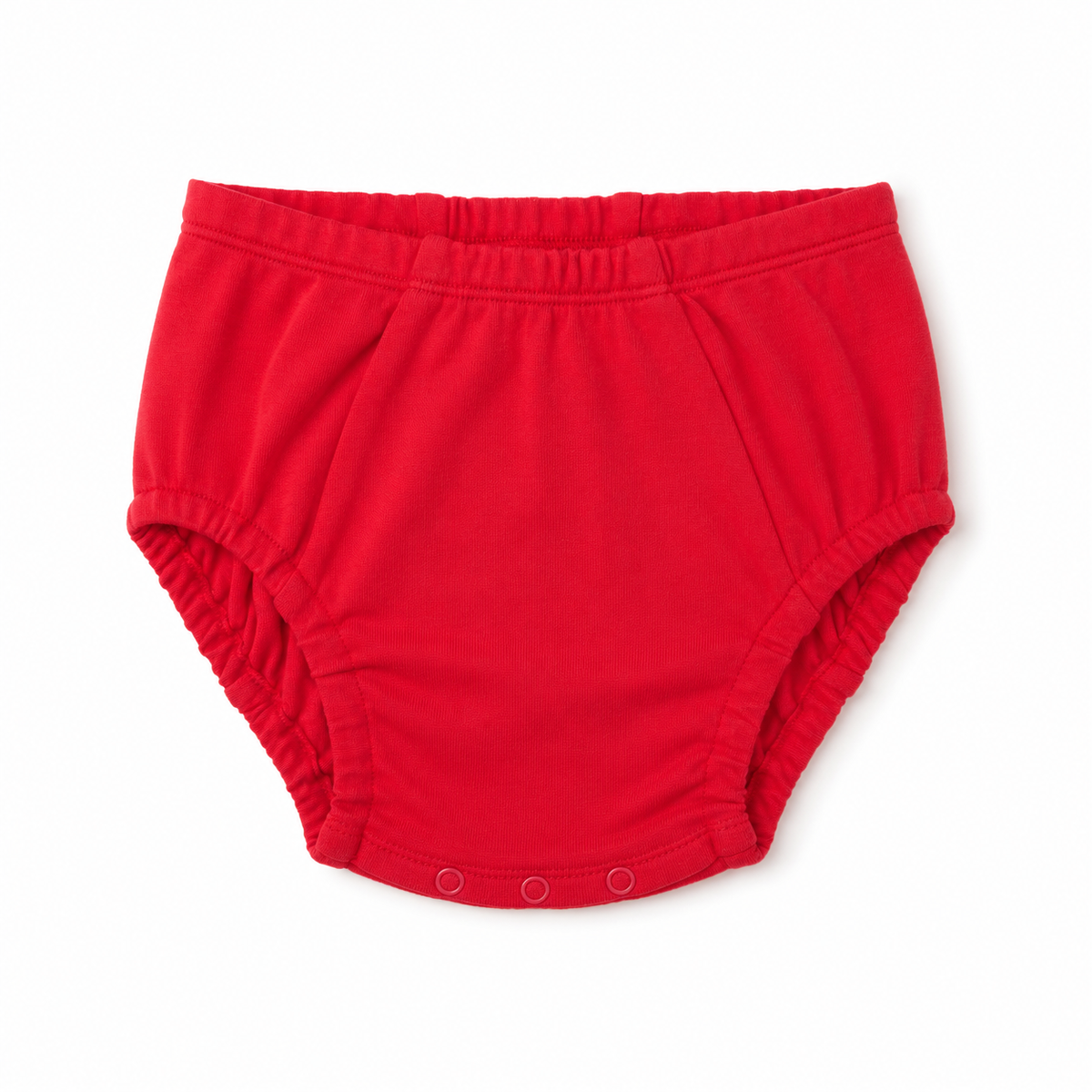 A bright red fabric diaper cover or bloomers with an elastic waistband and leg openings, shown flat against a white background.