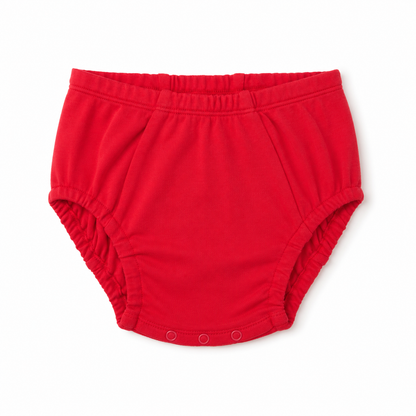 A bright red fabric diaper cover or bloomers with an elastic waistband and leg openings, shown flat against a white background.