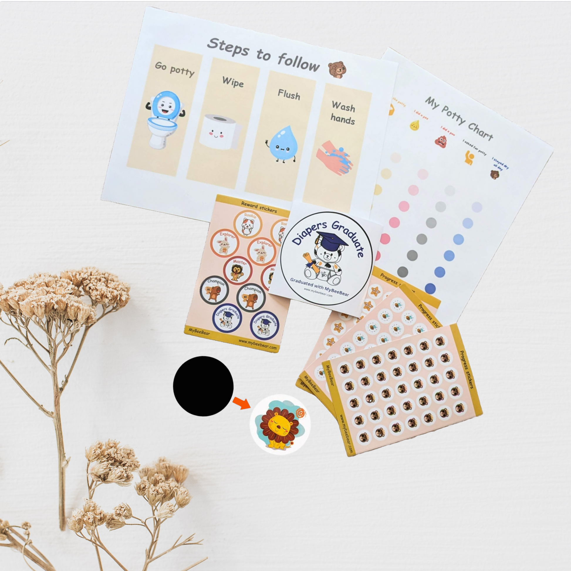 Potty training kit components including a color-changing sticker, a steps to follow chart, a reusable potty training chart, and reward stickers.