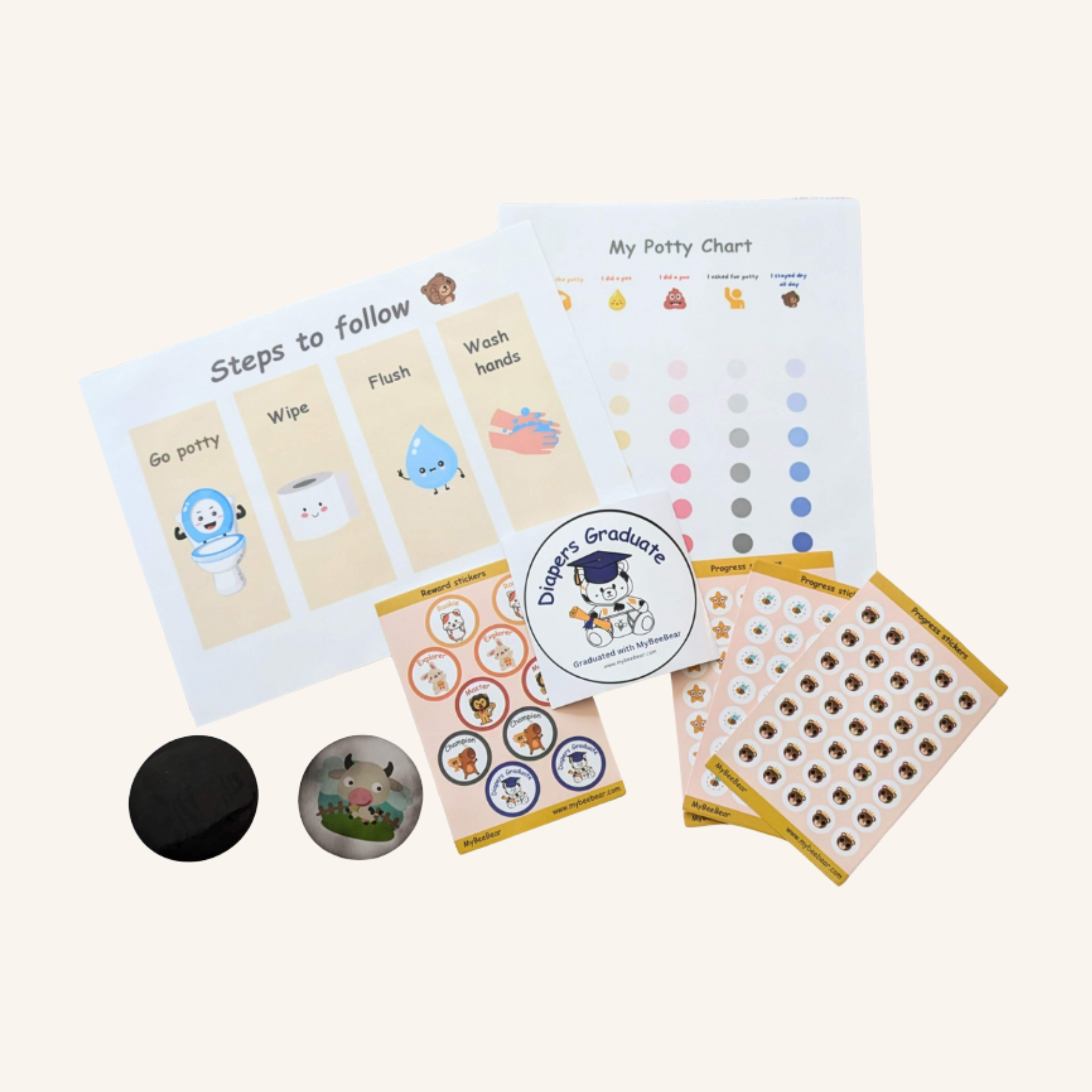 Potty training chart with stickers on beige background 