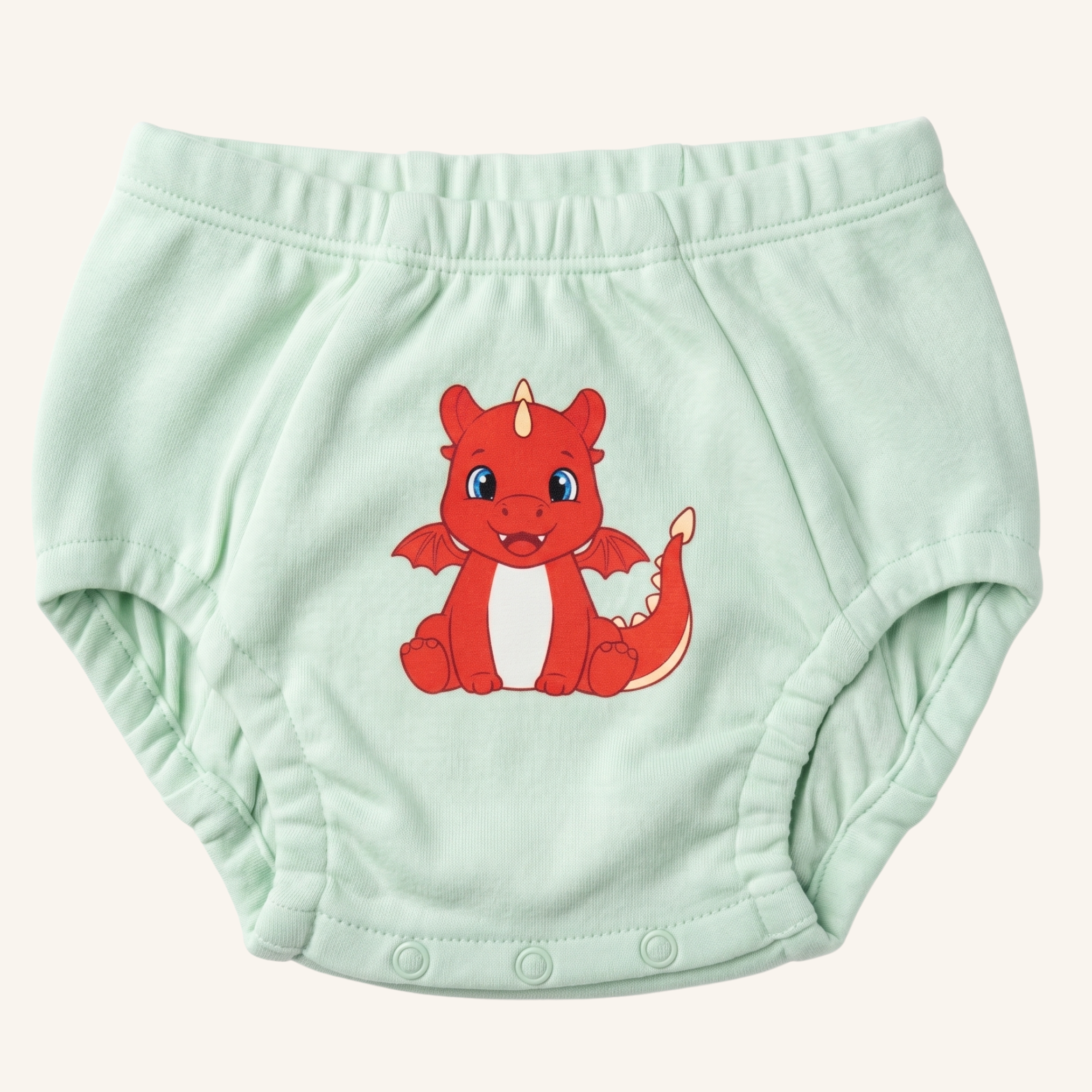 Light green baby bloomers with a red dragon design on a white background