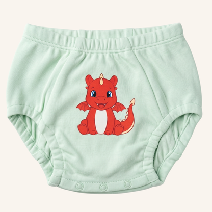 Light green baby bloomers with a red dragon design on a white background