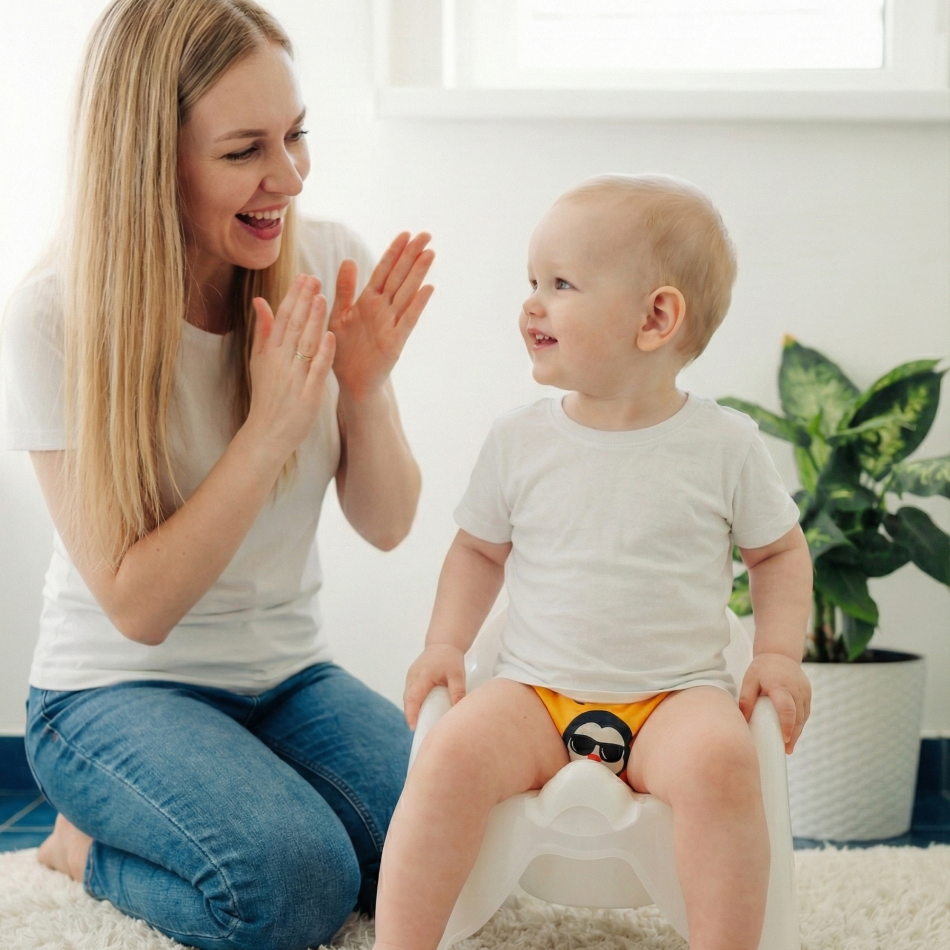 Woman and child sitting on a rug, clapping hands together.