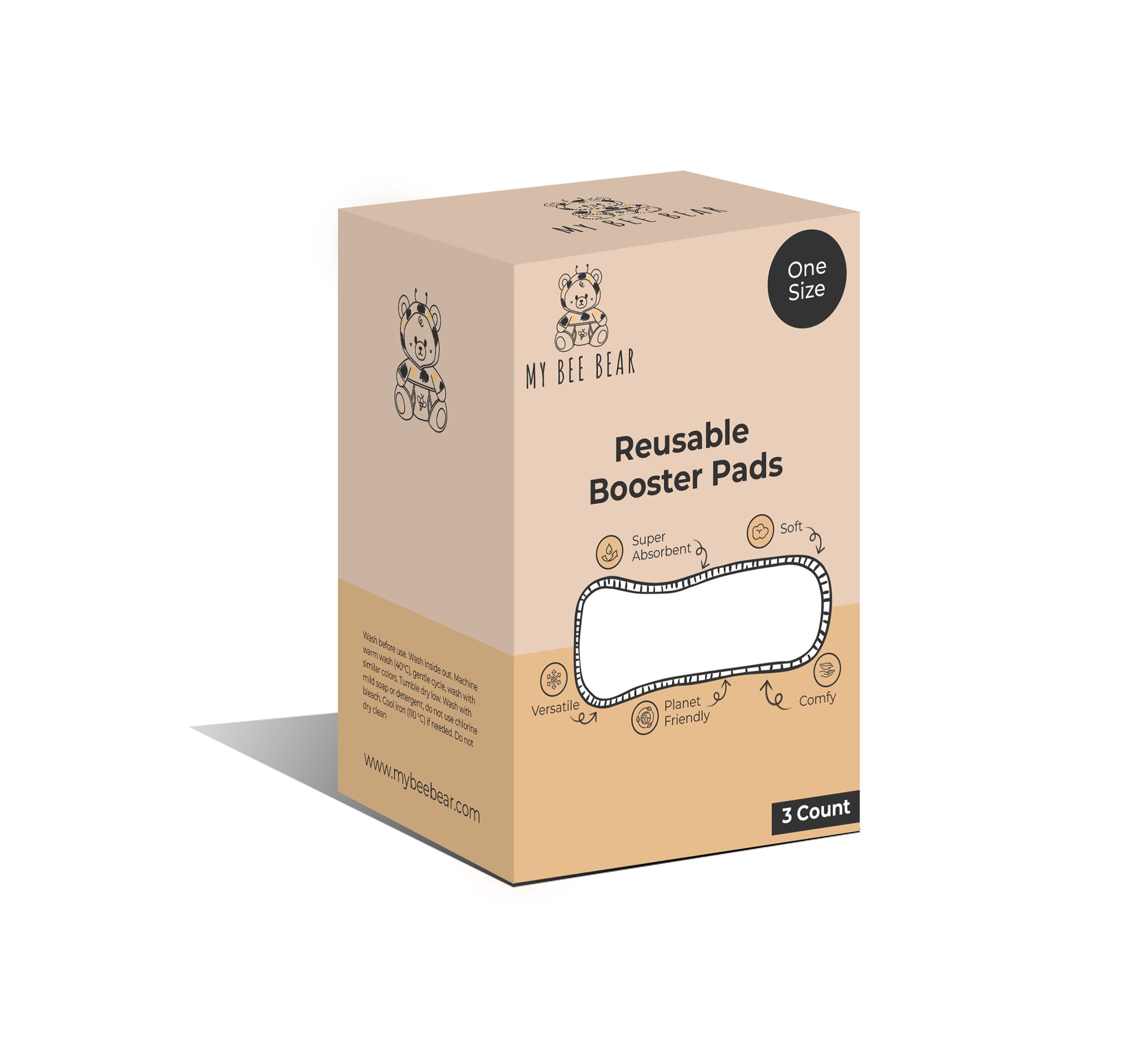 Packaging box for MyBeeBear Reusable Booster Pads with product details and branding.