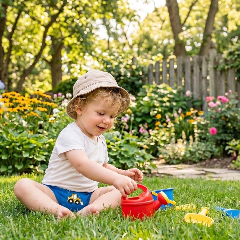 a child wearing blue training underwear playing in the middle of the garden 