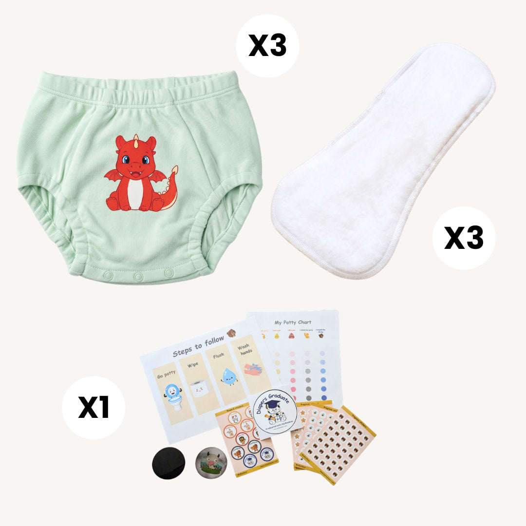 Baby product set with green training underwear, white ads and potty chart with stickers on a white background